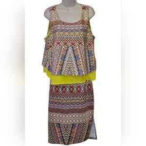 BISOU BISOU Orange Multi Geometric Print 2-Piece Boho Dress,Size L/XL, NWT